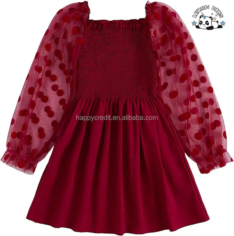 LEZONKIDS - Vestido de algodão puffy de renda com manga de malha pontilhada personalizada para meninas no verão, malha para 6 anos